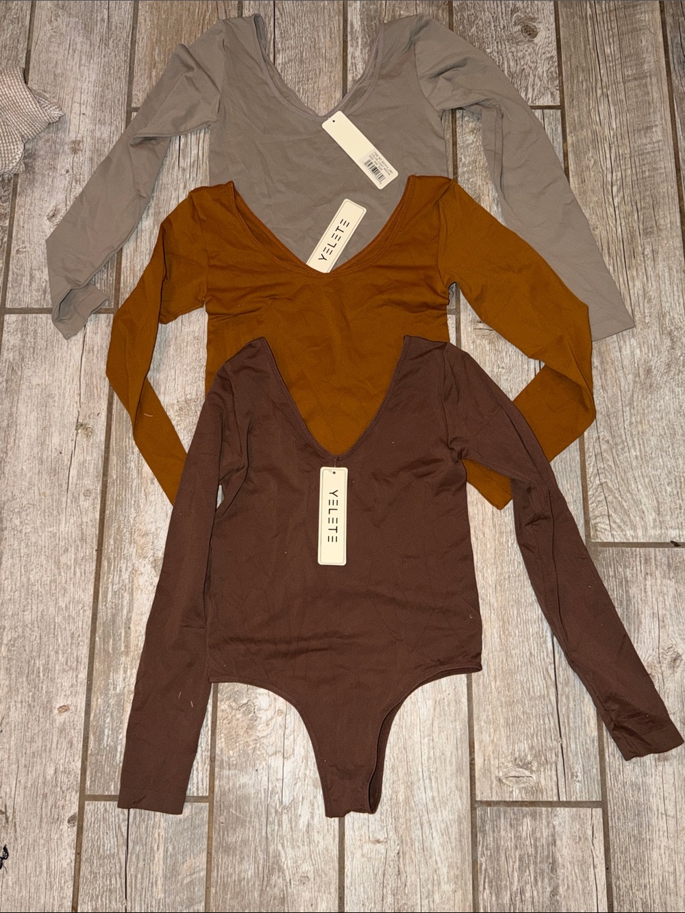 Yelete Long-Sleeve V-Neck Bodysuit Trio - Taupe, Mustard, Brown